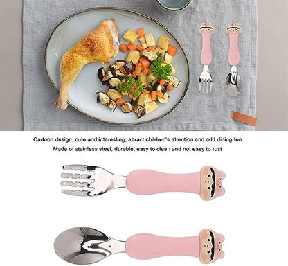 Ergonomic easy grip tableware for toddlers in silver and pink