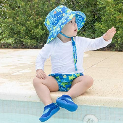 Light pink pinstripe baby swim diaper with premium three layer leak protection details