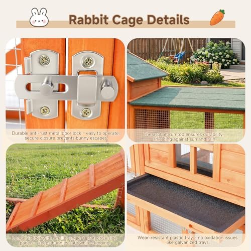 Large Outdoor Indoor Rabbit Hutch Wooden Bunny Rabbit Cage 2-Story with Run No-Leak Pull-Out Tray Waterproof Asphalt Roof Ramp for Guinea Pig Small Animal Wood Pet House Home Orange - Image 7