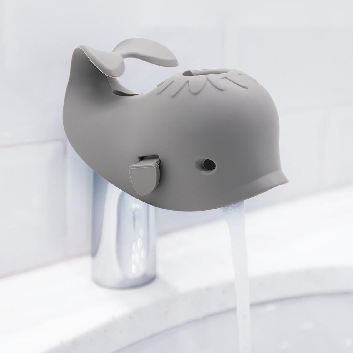 CDKMAX baby bathtub faucet spout cover grey whale front view showing soft silicone baby proofing protection.