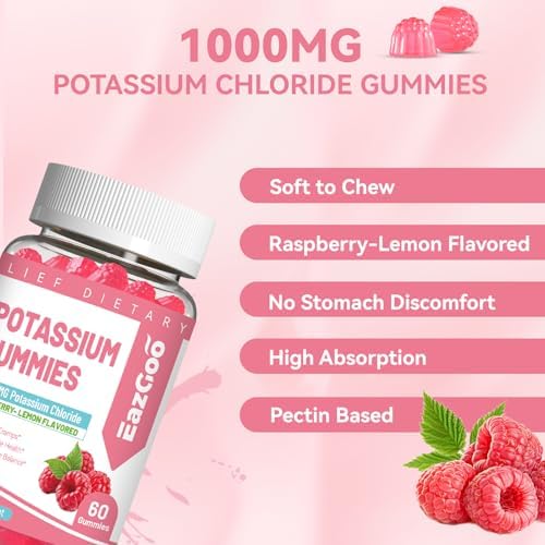 Authentic USA imported EAZGOO potassium mineral supplements showing sixty counting berry flavored dietary gummies