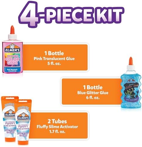Vibrant pink translucent glue and blue glitter glue bottles included in the DIY slime kit.