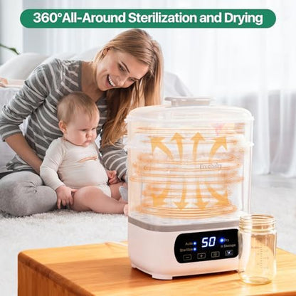Freebaby all in one sterilizer and dryer open layout showcasing the large internal capacity loaded with eight baby bottles.