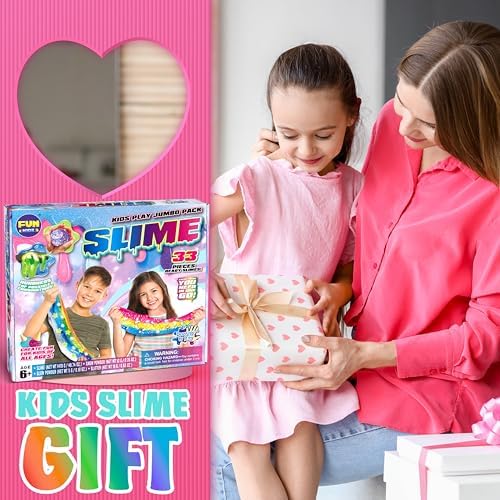 Thirty-three ready-to-play rainbow slime containers spread out with vibrant arts and crafts accessories.
