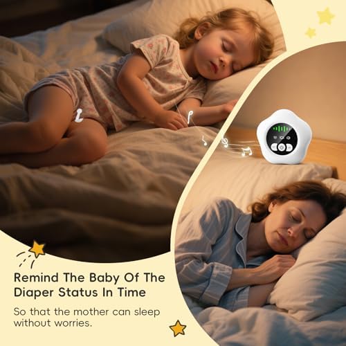 Prabensei enuresis alarm receiver sitting on a wooden nightstand displaying three alert mode buttons
