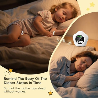 Prabensei enuresis alarm receiver sitting on a wooden nightstand displaying three alert mode buttons