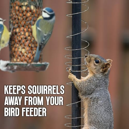 Playbees silver metal slinky coils wrapped around a bird feeder pole as a squirrel guard