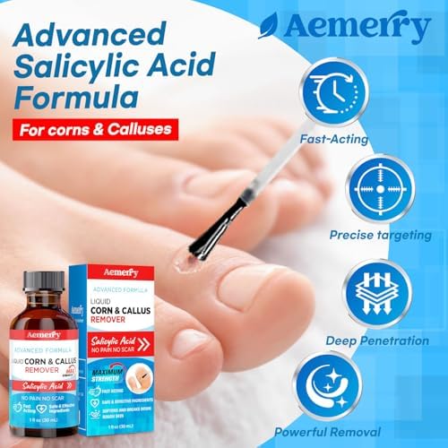 Aemerry fast acting foot corn remover liquid solution for peeling hardened toe skin.