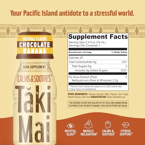 Taki Mai chocolate banana herbal relaxation drink single bottle display for stress support.