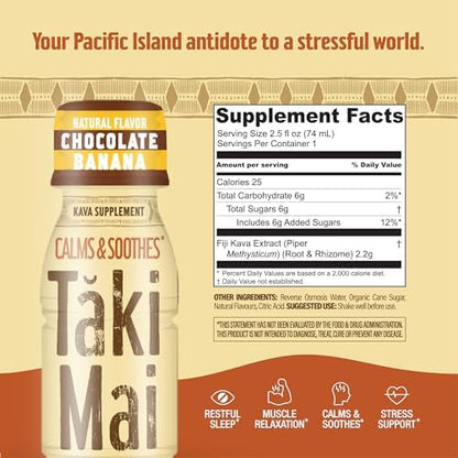 Taki Mai chocolate banana herbal relaxation drink single bottle display for stress support.
