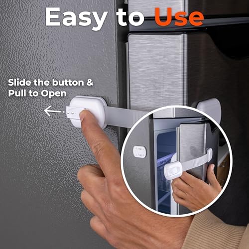 Flexible safety strap lock attached to a stainless steel refrigerator door