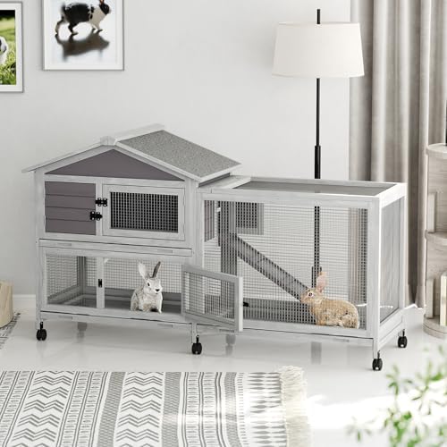 GarveeLife Rabbit Hutch with Weatherproof Asphalt Roof, Bunny Hutch with Wheels & Pull-Out Tray, Rabbit Cage Guinea Pig Cages for Small to Medium Animals, Indoor Outdoor Use, Grey - Image 4