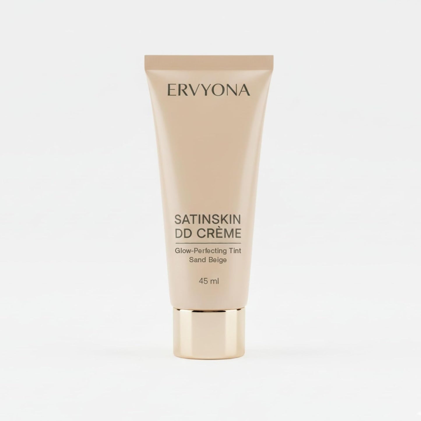ERVYONA SatinSkin DD Crème front view of the 45 milliliters tube showcasing the Sand Beige shade label for lightweight daily coverage.