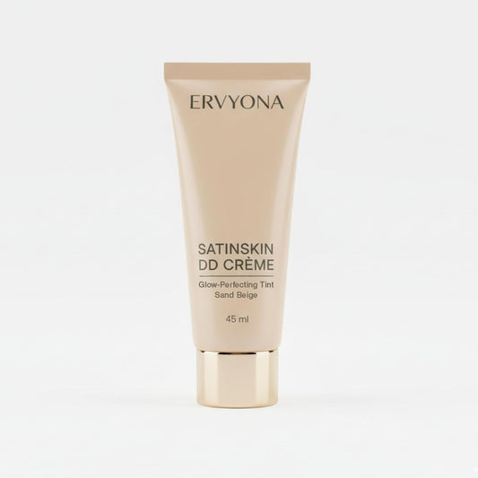 ERVYONA SatinSkin DD Crème front view of the 45 milliliters tube showcasing the Sand Beige shade label for lightweight daily coverage.