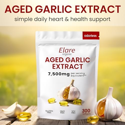 Odorless aged garlic extract 300 softgels bottle back label with supplement facts.