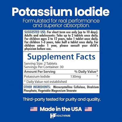 Back label view of HealthFare potassium iodide showing supplement facts ingredient listings and emergency warnings