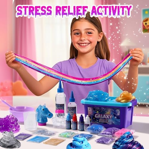 Glow in the dark effects of the galactic slime kit components in a dark room setting