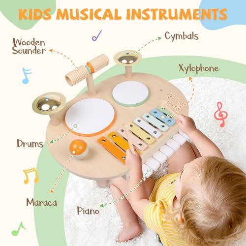 Toddler wooden drum table with cymbals and mallets displayed in neutral playroom.