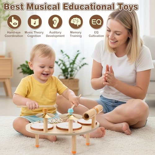 Vanplay multi instrument wooden activity table showing three drums and stable legs structure