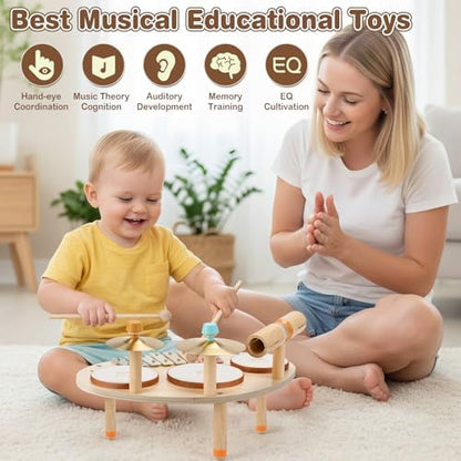 Vanplay multi instrument wooden activity table showing three drums and stable legs structure