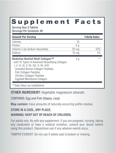 Close-up shot of Neocell collagen tablets container highlighting ten types of collagen