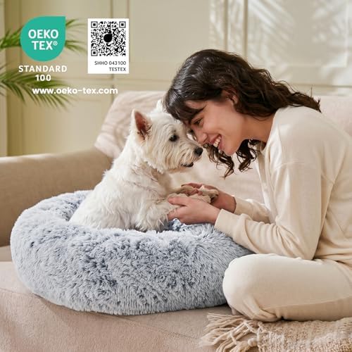JOLLYVOGUE Small Dog Bed, Calming Soft Anti-Anxiety Donut Cat Bed, Washable Round Fluffy Cushion for Small and Medium Pets (20") - Image 6