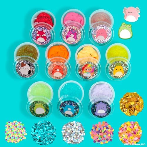 Child hands stretching the vibrant textured glitter slime showing the stretchable mess-free sensory formula.