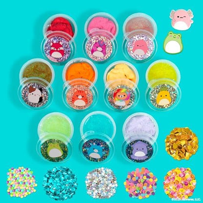 Child hands stretching the vibrant textured glitter slime showing the stretchable mess-free sensory formula.