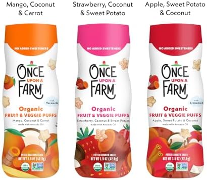 Once Upon a Farm organic baby puffs variety flavors side view of packaging.