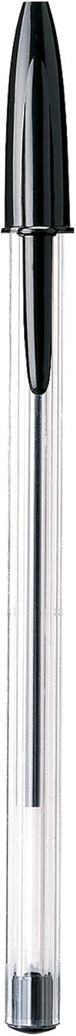 Close up view of the 1.0 millimeter medium tip on a black BIC Cristal Xtra Smooth writing pen