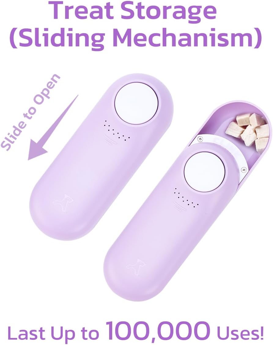Purple pet clicker tool showing the sliding mechanism for treats