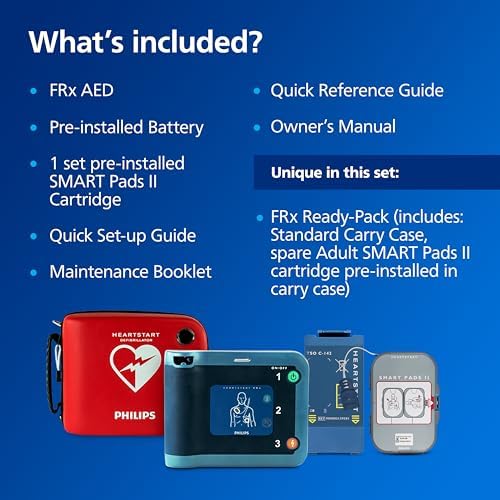 Rugged Philips AED unit showing the internal pad placement instructions and power button.