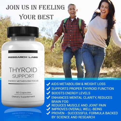 Research Labs Thyroid Support and Iodine capsules front bottle packaging for metabolism health.
