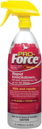 Manna Pro Pro-Force Fly Spray thirty-two ounce bottle front view showcasing yellow trigger and red label