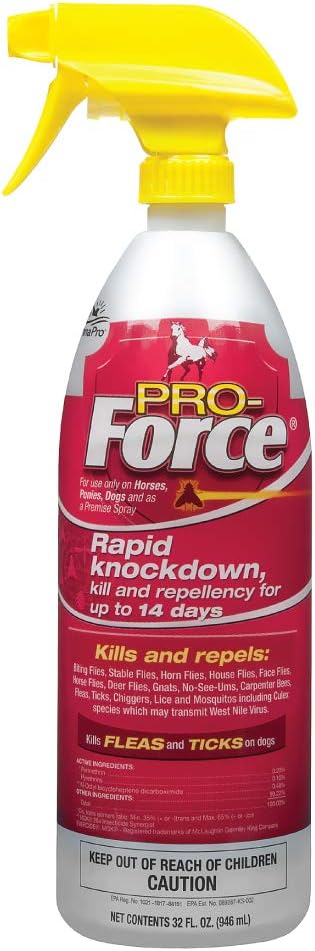 Manna Pro Pro-Force Fly Spray thirty-two ounce bottle front view showcasing yellow trigger and red label