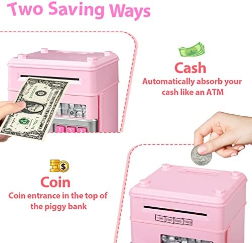Spacious interior compartment of the children's digital safe filled with stored coins and paper currency notes