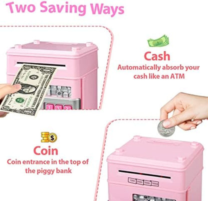 Spacious interior compartment of the children's digital safe filled with stored coins and paper currency notes