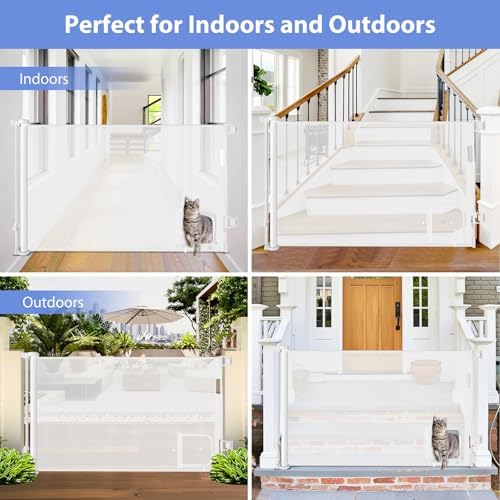 Retractable pet gate rolled up completely into space saving side housing.