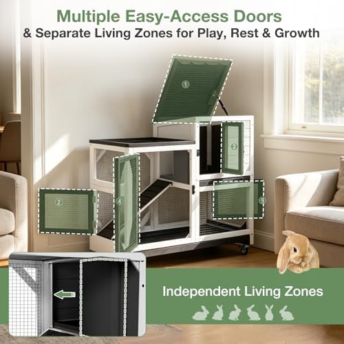 Large Rabbit Hutch Outdoor, 2-Tier Bunny Hutch with Wheels and Waterproof Roof, Wooden Guinea Pig Cage with Leak-Proof Pull-Out Trays, Multi-Door Bunny Cage for Small Animals-Black and White - Image 7