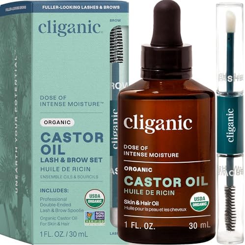 Cliganic Organic Castor Oil 1oz glass bottle with eyelash and eyebrow applicator kit