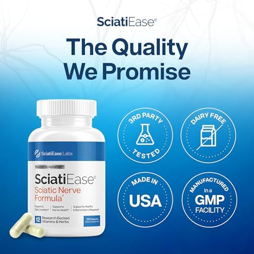 Side view of SciatiEase bottle displaying AlphaPalm nerve formula details