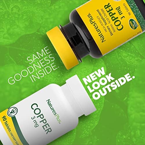 Authentic USA imported NaturesPlus Copper 90 tablets packaging displaying key benefits