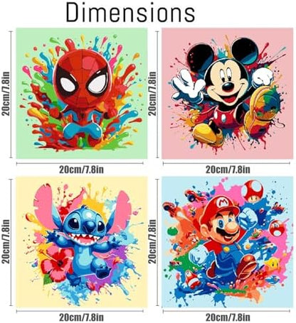 Four different pre-framed cartoon canvases displaying unique numbered outlines ready for painting.