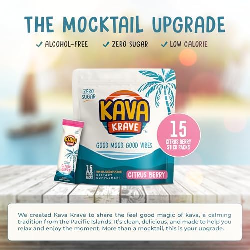 Kava Krave citrus berry flavored mood focus supplement mixed in a clear glass bottle highlighting its vibrant refreshing color.