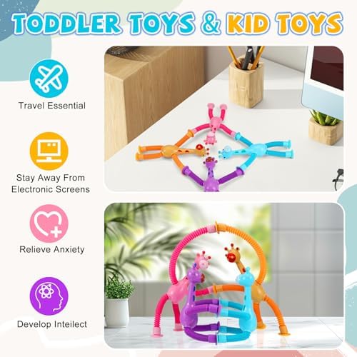 Four piece pack of stretchable animal fidget tubes standing upright on a smooth table.