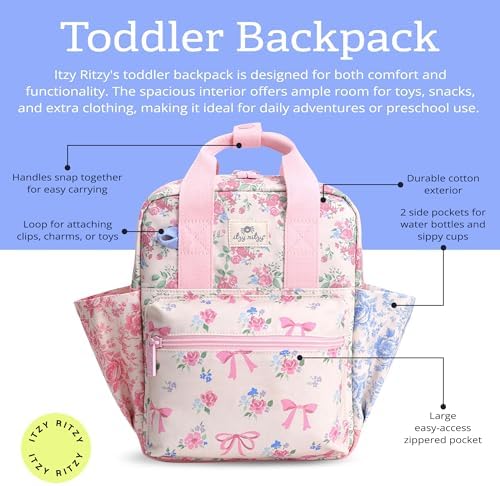 Side profile of Itzy Ritzy toddler backpack showing water bottle pocket