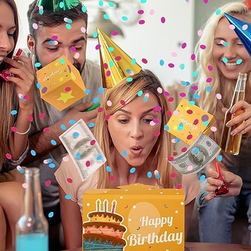 Exploding cash birthday box kit including outer envelope, bouncing cubes, card, and colorful confetti packet.
