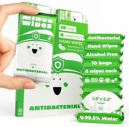 Impossibly Compact Travel Antibacterial Wipes Hand Sanitizer - 99.5% Water and Aloe - Safe for Sensitive Skin & Hypoallergenic Hand Wipes - Travel Essentials For Adults & Kids, 10 Pack Total 60 Wipe - Image 1