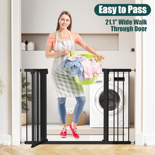 Keny metal dog gate showing one handed adult opening functionality near kitchen stairs.