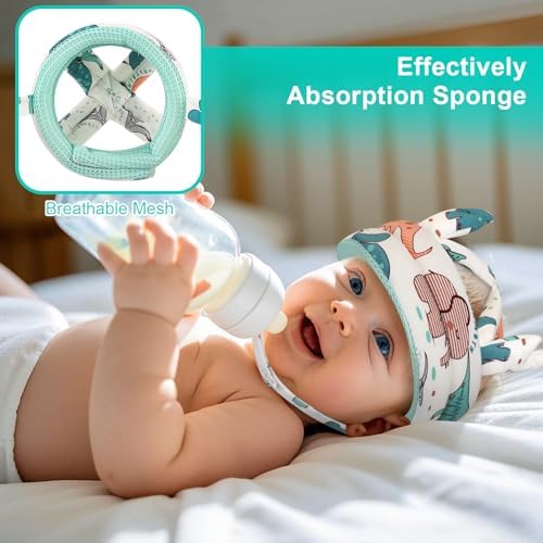 Toddler wearing green Accmor baby head guard while crawling